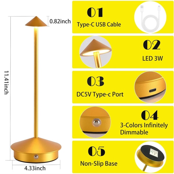 Aluminiumsdæmpbar LED-bordlampe, IP54-beskyttelse, indendørs/udendørs brug, stik ladebase, H29cm, EU-stik - Corten-WELLNGS Gold