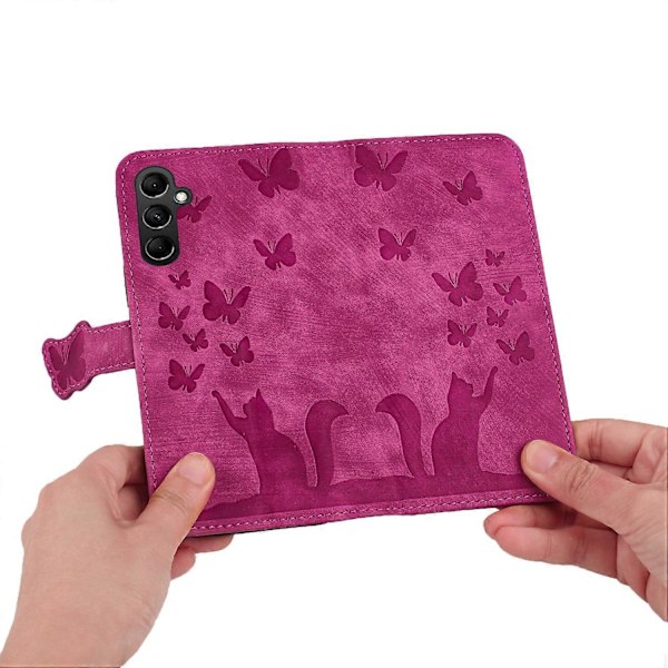 Kompatibel med Samsung Galaxy A15 4G/ A15 5G Kortlommer Deksel Sommerfugl Katt Lær Lommebok Telefon Deksel-WELLNGS Rose