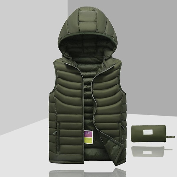 Dunjakke for menn, ermeløs, avtakbar hette, vinter, lett, ensfarget - WELLNGS Army Green XS