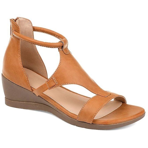 Kilehælsandaler for kvinner med åpen tå, skinnsko med glidelås og middels hæl, sommerlige sandaler til fritid - WELLNGS Brown 42