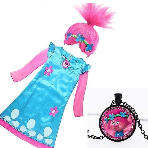 Tyttöjen mekko Trolli Bobby Cosplay-asu Tyttöjen mekko Streetwear Halloween-asu Lasten kaulakoru Peruukki Hieno mekko Tyttöjen mekko - WELLNGS 868-3pcs 150(11-12Y)