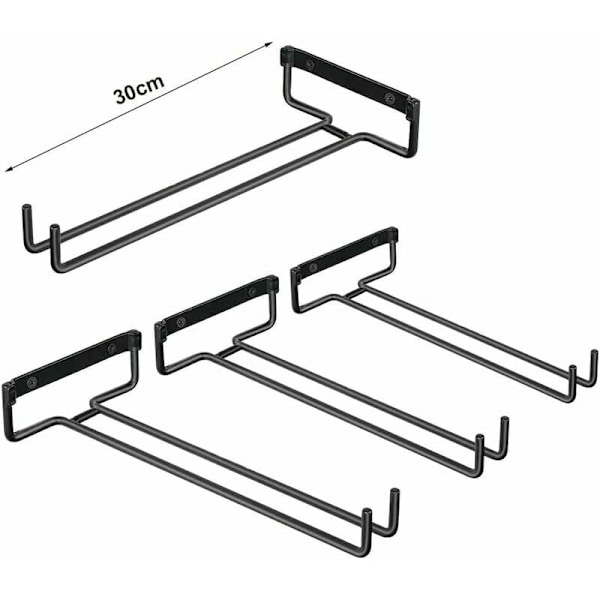 4 stk. glasophæng til hylde - Jern glasophæng til 4 glas - Væghængt vinglasophæng - Ophængt glasholder til vinkældre, barer, køkkener (sort)
