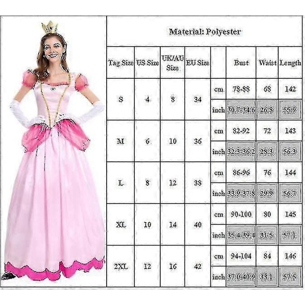 Kvinders Super Mario Peach Cosplay Kostume Pink Prinsesse Kjole + Handsker + Hårbånd Sæt Karneval Party Sæt - WELLNGS Yellow XL