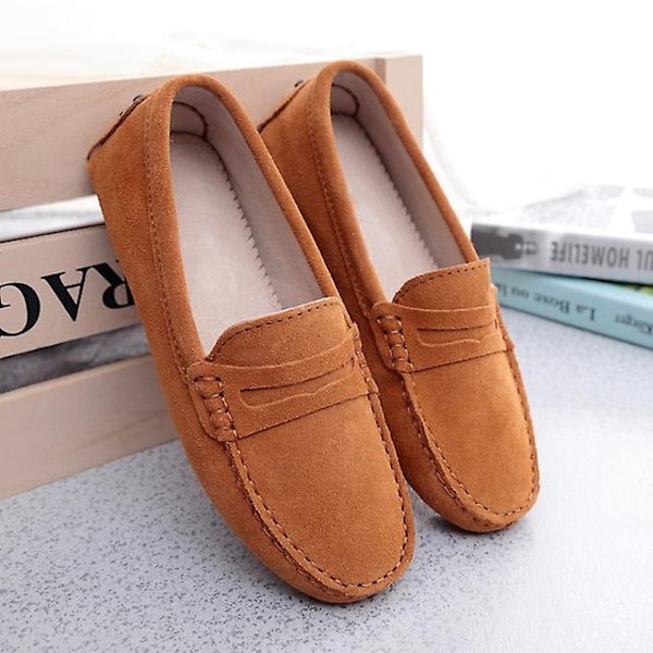 Dame Sko 2023 Ekte Lær Dame Flate Sko Casual Loafers Slip On Dame Flats Sko Moccasins Dame Kjøresko-WELLNGS Chestnut 7