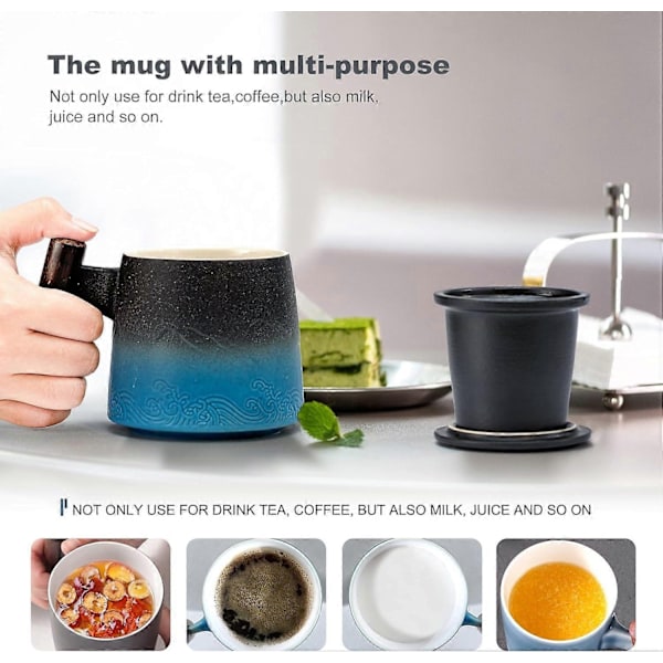 Tekop med låg, porcelænskop med rustfrit stål te-infuser, gradient farve stor keramisk tekop, velegnet til kontor og hjemmebrug - WELLNGS Short  Black Cyan