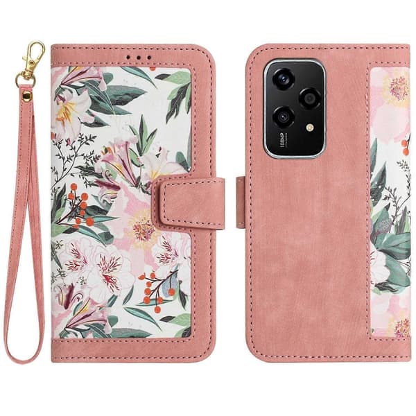 Mobilskal i läder med blommönster och snodd For Honor 200 Lite Global