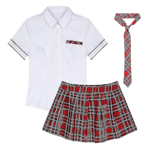 Kvinnors skolflickor cosplay kostym japansk skolflicka uniform sexig clubwear skjorta med plisserad kjol slips anime rollspel outfit-WELLNGS XL White Red B