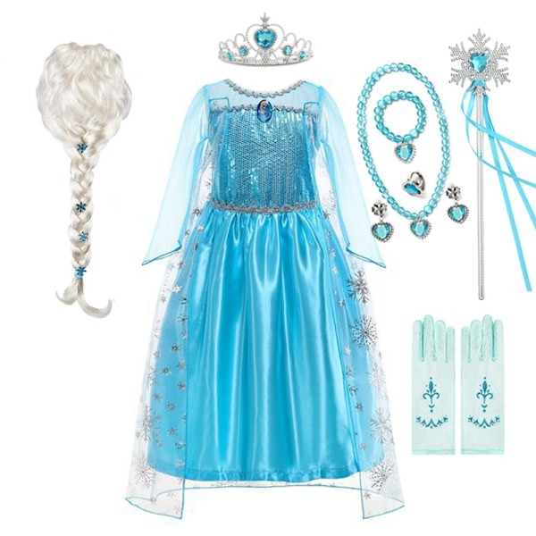 Disney Girls Elsa Princess Kjole Langærmet Fødselsdag Rollespil Frozen Kostume Fancy Karneval Udklædningsfest Kostume Elsa Kjole Outfit 7-WELLNGS Elsa Dress Suit7 3Y (Size 110)