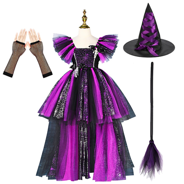 Disney Häxkostym Flickor Lila Mesh Släpande Klänning Maleficent Deluxe Flickor Fancy Halloween Fest Barnens Rollspel Kostym  02-WELLNGS Witch Sets 02 12-13Y