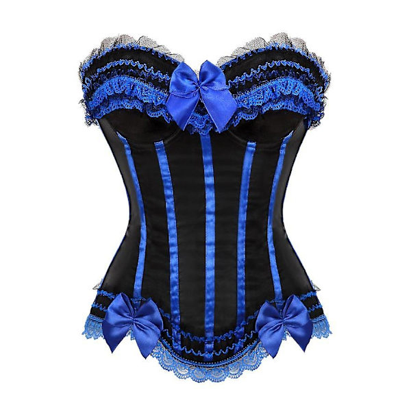 Sexy satiininen pitsillä koristeltu korsetti Bustier Overbust Burlesque Corselet Top Bodyshaper Lingerie Showgirl Party Costume Plus Size-WELLNGS 8068 Blue 4XL