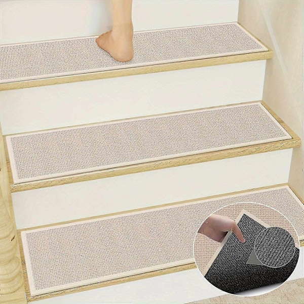 15-pack Stora Jute Trappsteg - Halksäker Gummisula, 30x8 Trappmatta, Medium Höjd, Enfärgad, Vävd, för Mattklädda Trappor - WELLNGS Beige 15pcs