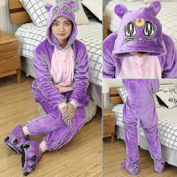 En-delt dyre-plysj-pysjamas for voksne og barn - WELLNGS Purple Cat 100-110CM