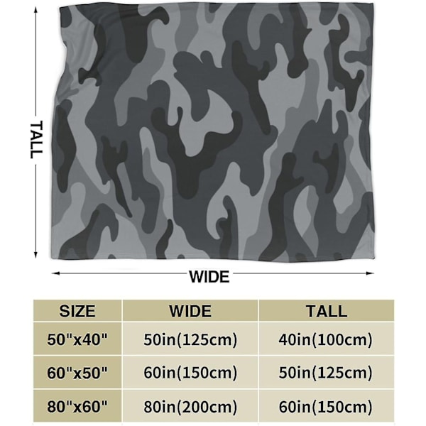 Militärkamouflagefilt Ultra Mjuk Varm Alla Säsonger Svart och Grå Camo Dekorativ Fleecefilt för Säng Stol Bil Soffa Soffgrupp Sovrum-WELLNGS 60x50in 150x125cm