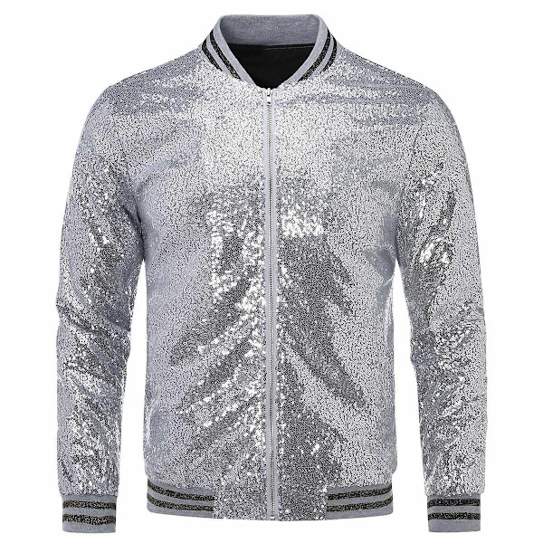 Allthemen Herre Sequin Casual Zipper Fest Bomber Jakke-WELLNGS Silver M
