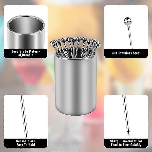 20 STK Metal Cocktailpinde med Holder Kit, Cocktailpinde i Rustfrit Stål, Genanvendelige Cocktailspyd, Appetizerspyd - WELLNGS