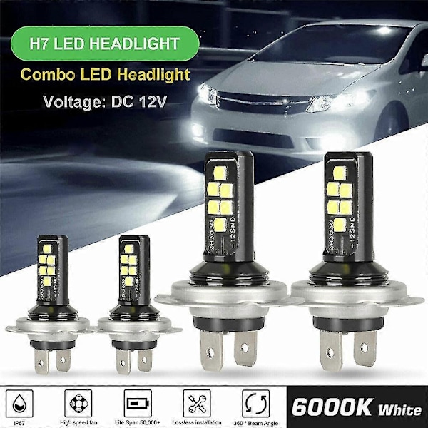 4x H7 LED Forlygtepære Kit Høj Lav Bjælke 120w 60000lm Super Lys 6000k Hvid-WELLNGS