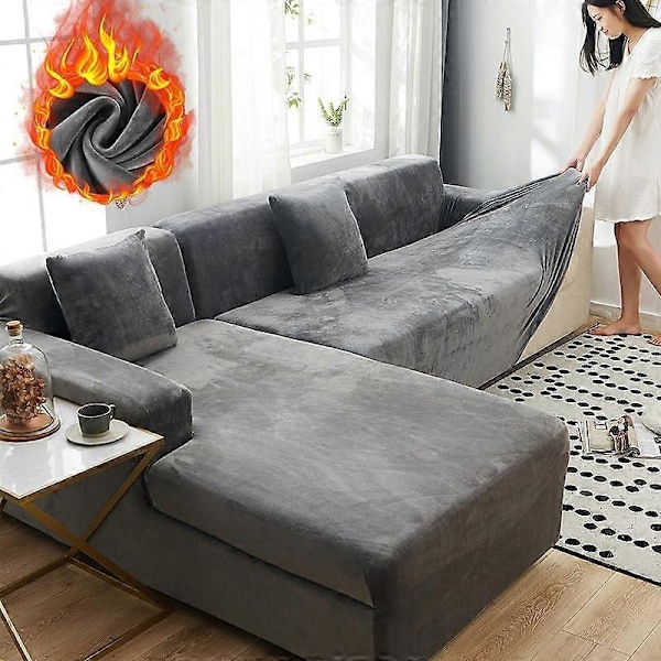 Vinterfløjlssofabetræk Kompatible med stue Elastiske møbelsofabetræk Chaiselong Hjørne L-formet sofabetræk 1 /2 /3 /4-WELLNGS navy blue 4seater 230-300cm