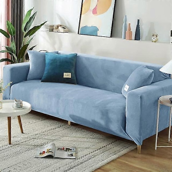 Vinterfløjlssofabetræk Kompatible med stue Elastiske møbelsofabetræk Chaiselong Hjørne L-formet sofabetræk 1 /2 /3 /4-WELLNGS sky blue 1seater 90-140cm