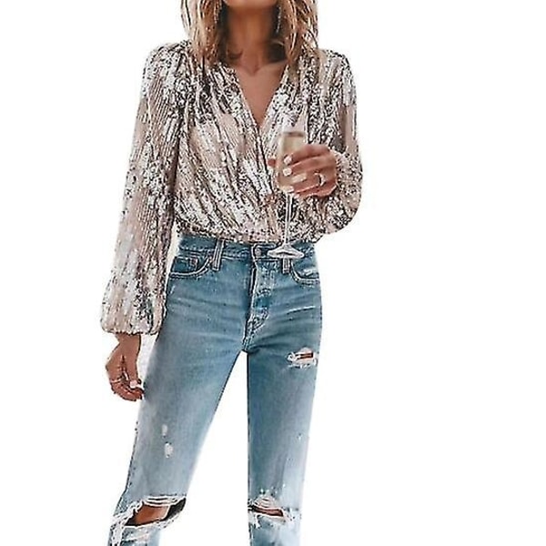Kvinnors Sequin Sparkle V-hals Långärmad Skjorta för Fest - WELLNGS silver M