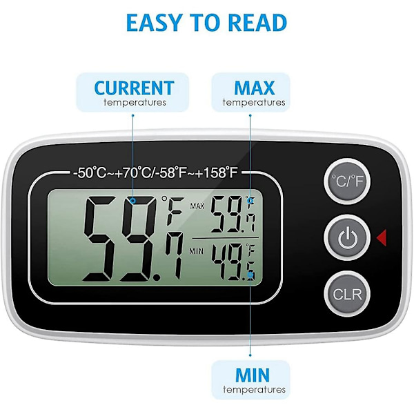 Kjøleskapstermometer, Digital Kjøleskapstermometer Vanntett Kjøleskap Fryser Termometer Monitor-WELLNGS