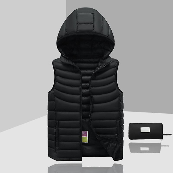 Dunjakke for menn, ermeløs, avtakbar hette, vinter, lett, ensfarget - WELLNGS Black XL