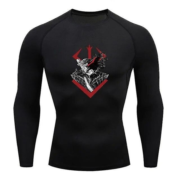 Herre Kompresjon T-skjorte Lang Ermet Anime Berserk Guts Sport Hurtigtørkende T-skjorter Athletic Gym Tights Undershirts Topper Tee Male-WELLNGS jinCX01 Black4 S