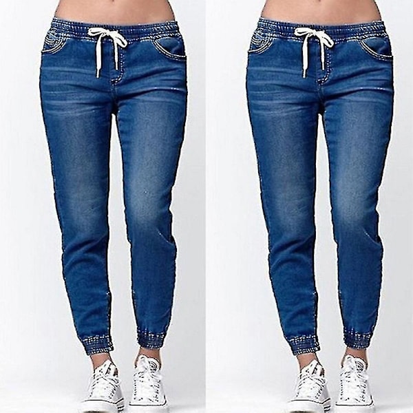 Kvinder Casual Elastisk Talje Jeans Bukser Jogger Denim Sweatpants Bukser - Jxlgv-WELLNGS Dark Blue 4XL