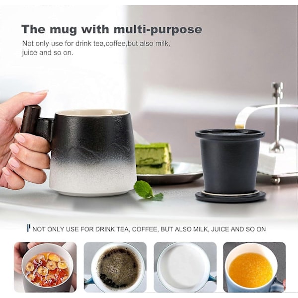 Tekop med låg, porcelænskop med rustfrit stål te-infuser, gradient farve stor keramisk tekop, velegnet til kontor og hjemmebrug - WELLNGS Short  Black White Gradient