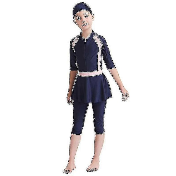 Flickors Badkläder Barnens Badkläder Enfärgad Burkini Badkläder Strandkläder - WELLNGS Navy Blue 14-15 Years