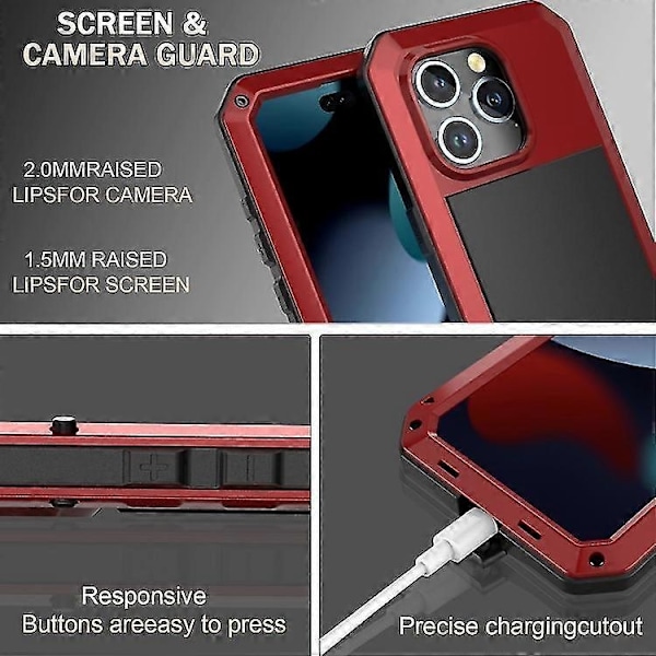 Kompatibel med Iphone 15 Stöttåligt Liv Vattentätt Dammtätt Metall + Silikon Mobiltelefonfodral-WELLNGS Red 15 Plus