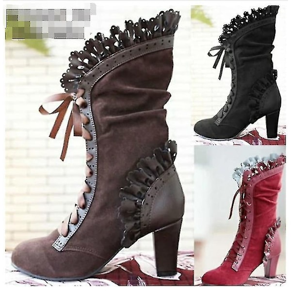 Korkeakorkoiset saappaat naisille Steampunk naiset Sexy nahkaiset mokkanahkasaappaat Syksy Vintage Talvikengät Naiset Nauhalliset Cosplay-saappaat Brown 37