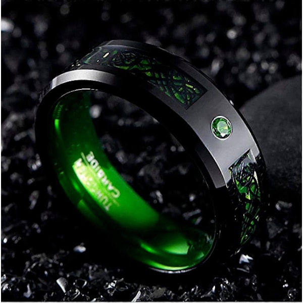 Mote svart Tungsten Celtic Dragon Herre Ring Inlagt Grønn Zirkon Punk Herre Rustfritt Stål Grønn Karbonfiber Ring - WELLNGS 9