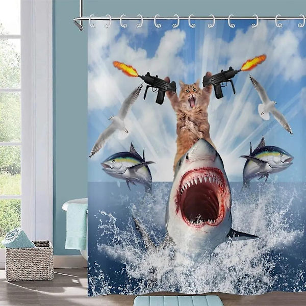Hauska kissa suihkuverho, viileä kissa dinosaurus japanilainen valtameren aalto sisustus kangas kylpyhuone verhot, lapset maalaismainen puinen kylpyverho-WELLNGS Ymx2112 220x180cm-86x70in