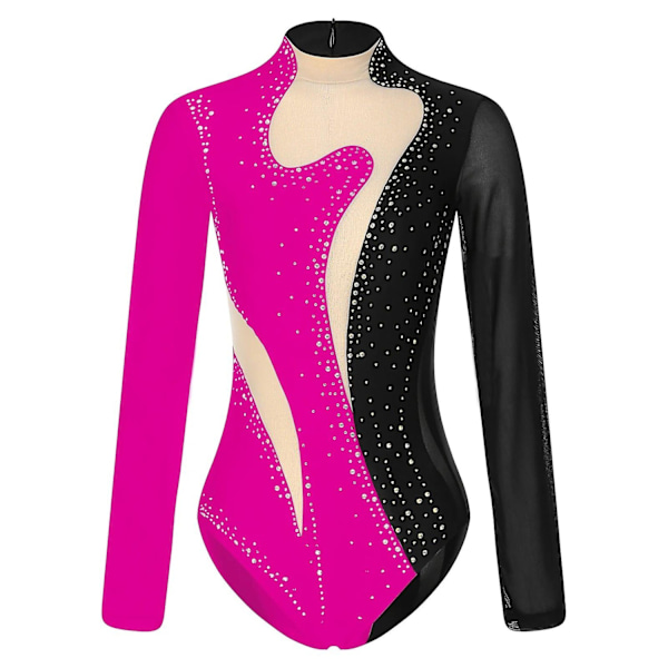 Dam glänsande metallicballet dans leotard vuxna gymnastik body långärmad lappverk akrobatik konståkning jumpsuit-WELLNGS BlackRose B L