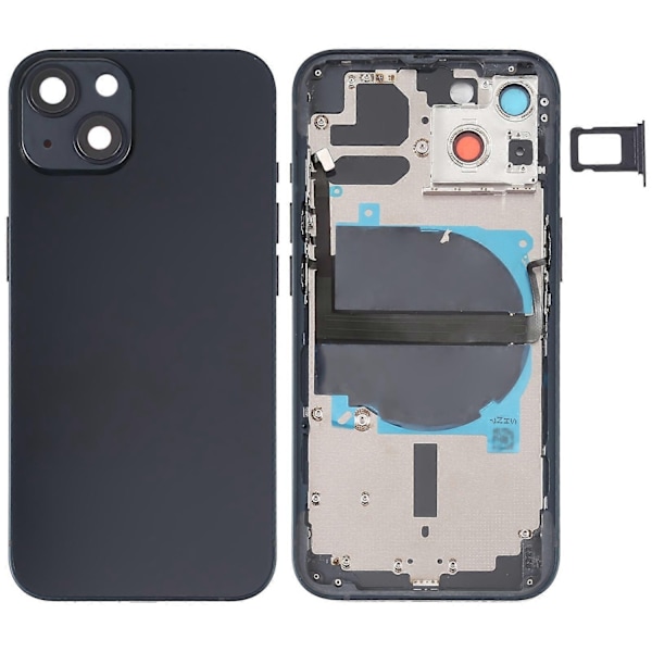 för iPhone 13 Batterilucka med Sidoknappar & SIM-kortshållare & Ström + Volym Flexkabel & Trådlös Laddningsmodul-WELLNGS Black