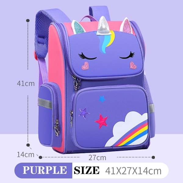Ryggsäck för grundskoleelever Enhörning 3D Cartoon Skolväska Barn Ny Kindergarten Väska Flicka Pojke Söt Regnbåge Mochila Escolar-WELLNGS purplel