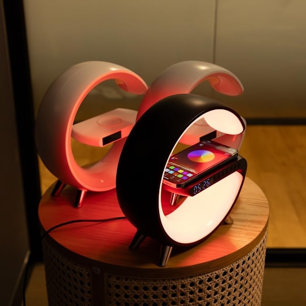 Trådløs lader Atmospheres Lampe, bluetooth høyttaler Musikk klokke Alarm nøkkel-WELLNGS white