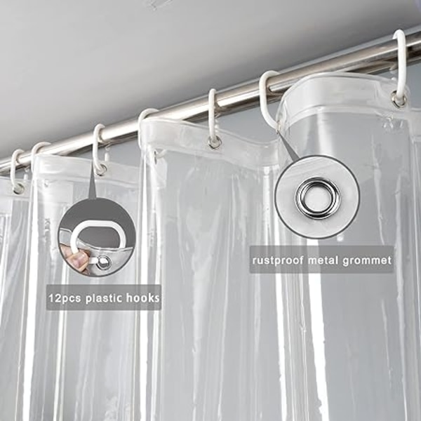 Ekstra langt gennemsigtigt badeforhæng 180x200cm, Transparent-WELLNGS