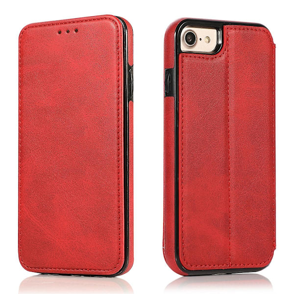 Kompatibel med Iphone 8 Plus Lommebok Etui med Kortholder, Støtte, Ultratynt Flip PU Lær Støtsikkert Deksel Dame Rosa-WELLNGS red