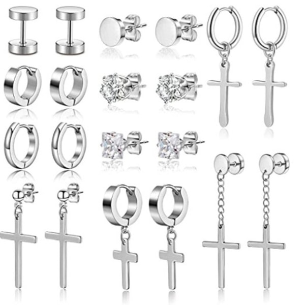 10 Sets Long Chain Stud Cross Dingle Earrings Set Cool Titanium Steel Hinge Hoop Dingle Earrings for Men Silver