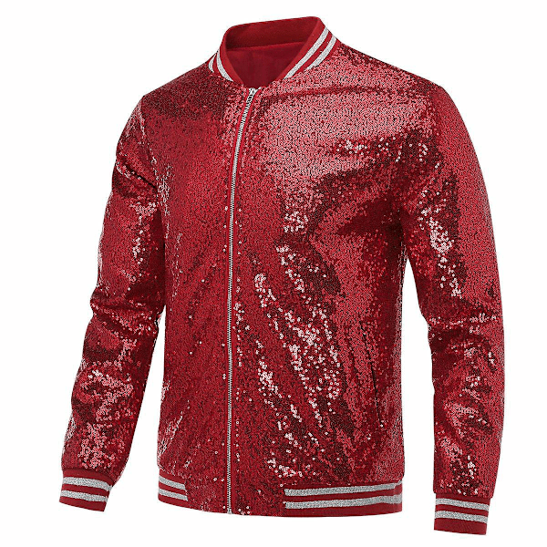 Allthemen Herre Sequin Casual Glidelås Fest Bomber Jakke-WELLNGS Red M