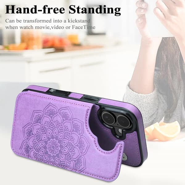 iPhone 17 Pro Max skal med kortfack, blomformad magnetlås, plånboksdesign, lila purple iPhone 17 Pro Max