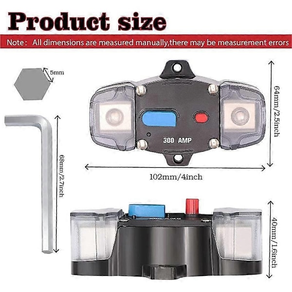 12-48V DC 300 Amp Säkring med Manuell Återställning, 0-8 Gauge Trolling Stereo Audio Inline Säkring för Bil Husbil Marin - WELLNGS