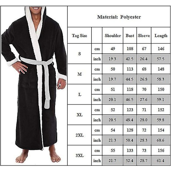 Miesten pitkä huppuinen kylpytakki Pehmeä yöpaita Robe Dressing Gown-WELLNGS Black M