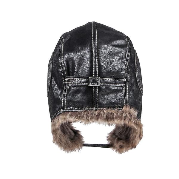 Aviator Læderhat Vinter Ski Pels Militær Pilot Hat - WELLNGS Black