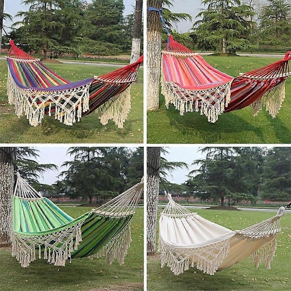 200x150cm Dobbelt Udendørs Camping Hængekøje i Lærred med Kvaster og Pind - WELLNGS Colorful Stripes