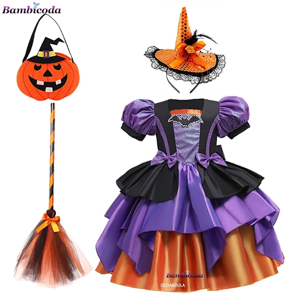 Flickor Fancy Pumpa Halloween Klänning Barn Cosplay Bat Print Häxkostym Semesterfest Klänning Barn Prinsessklänning 7-8 År Gammal (140)-WELLNGS 7-8Y(140) a-13