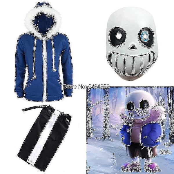 Chomel Undertale Sans Cosplay Hoodies Latex Maske Cool Skelet Cos Blå Frakke Halloween Cosplay Kostume Unisex Jakke Hovedbeklædning-WELLNGS just a coat and mask L