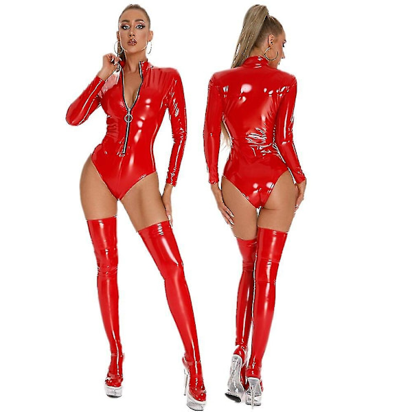 Sexy Wet Look Pvc Latex Catsuit Lang Arm Front Zipper Bodysuit Pole Dance Clubwear Pu Lær Body Skjorter Topper med Strømper-WELLNGS Red 2XL-3XL