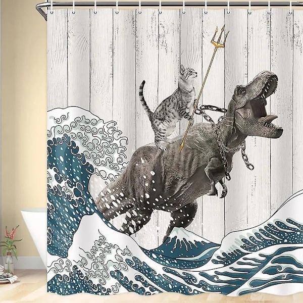 Hauska kissa suihkuverho, viileä kissa dinosaurus japanilainen valtameren aalto sisustus kangas kylpyhuone verhot, lapset maalaismainen puinen kylpyverho-WELLNGS Ymx2103 120x180cm-47x70in